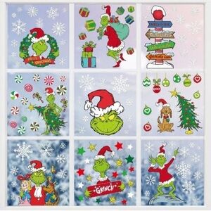 Holiday GRINCH WINDOW CLING Decal stickers large set 9 pages Christmas decor lot